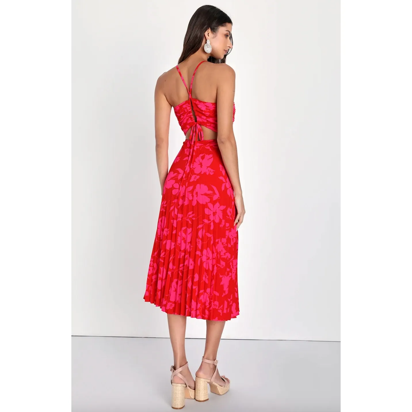 Lulus Vibrant Moment Red and Pink Floral Pleated Lace Up Midi Dress Party XL NWT - Image 4