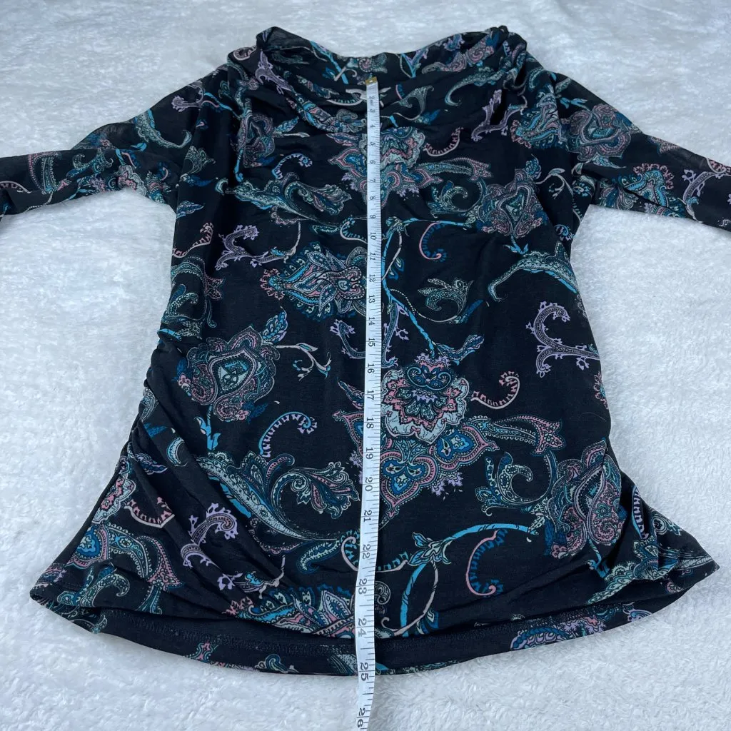 Dana Buchman Drape Front Paisley Print Top Womens S Black 3/4 Cowl Neck Ruched - Image 7