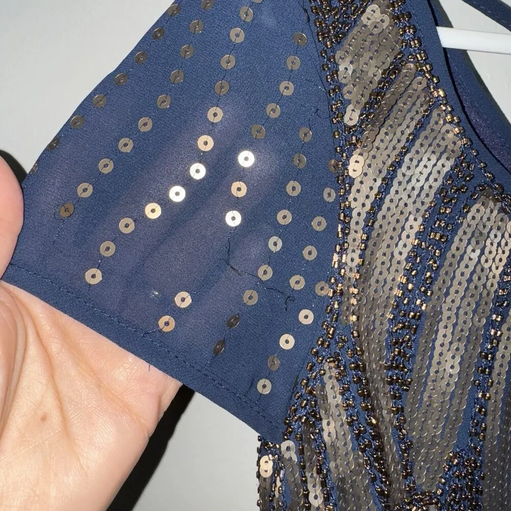 Rio Bazaar Navy Blue & Gold Sequin Dress XS Crisscross Back Art Deco Sparkle - Image 6