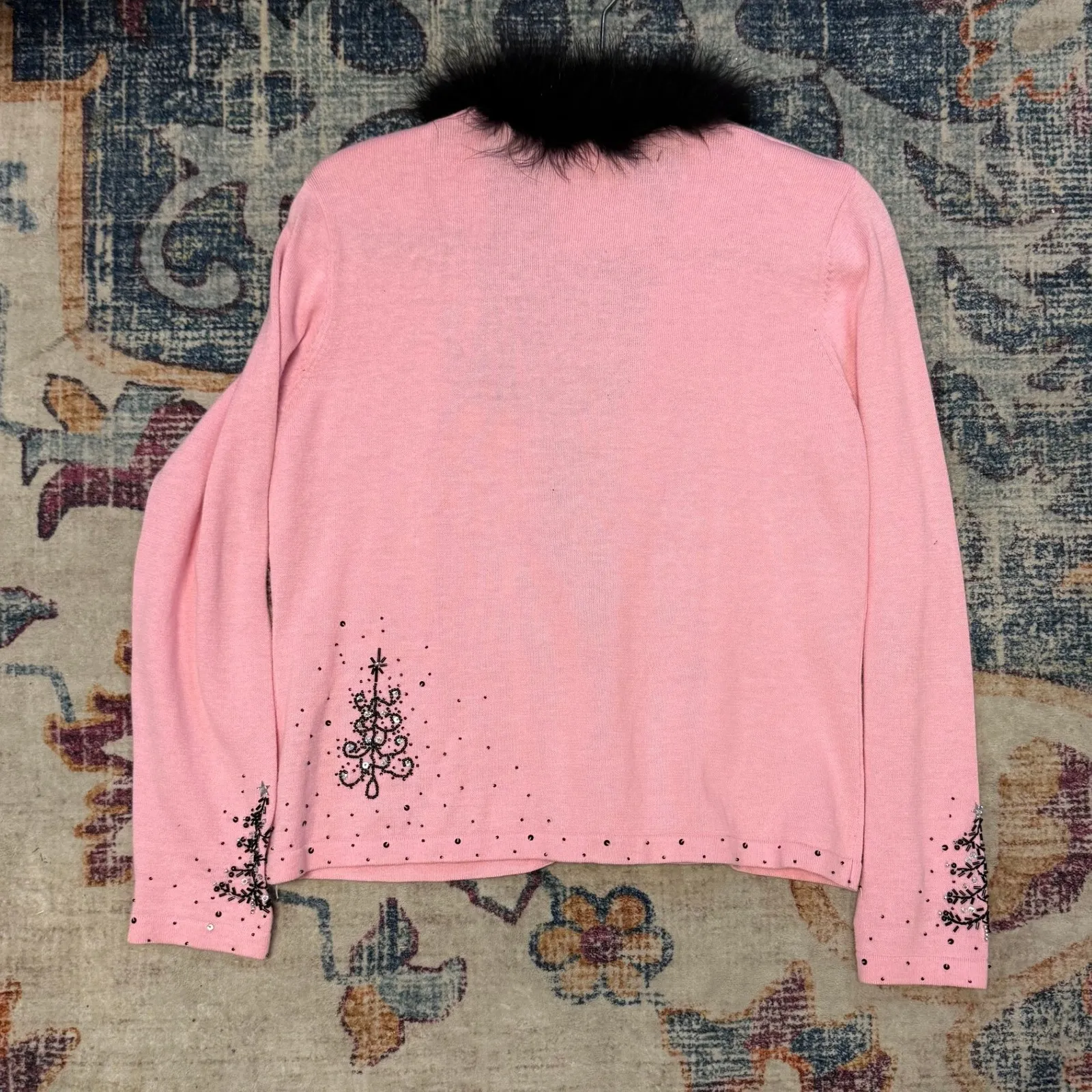 Jack B Quik Pink Christmas Tree Embellished Cardigan Sweater Fur Trim M Size M - Image 4