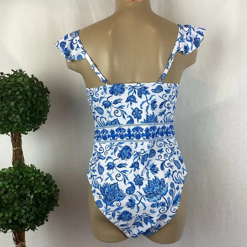 Blue & White Floral Print Contour Underwire 1 Piece Bathing Swim Suit NEW M Size M - Image 2