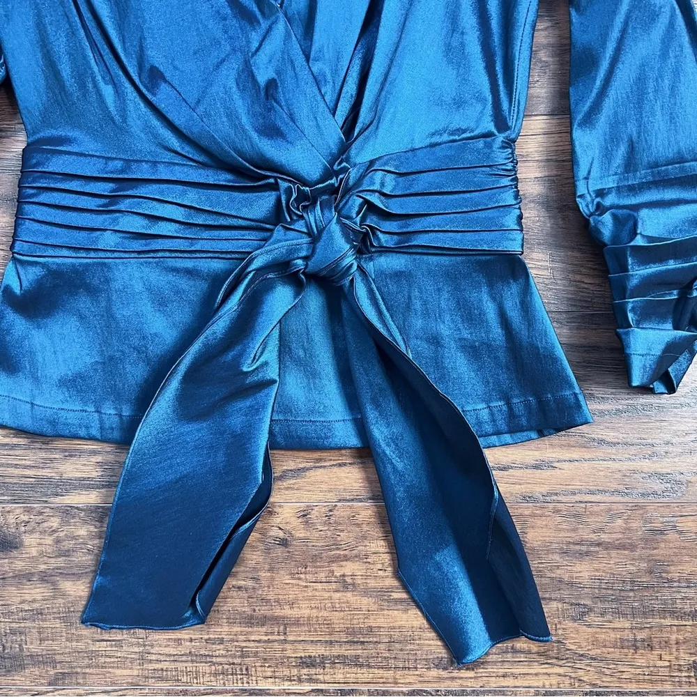 TADASHI • Stretch Taffeta Blouse teal blue ruched sleeve tie waist wing collar - Image 5