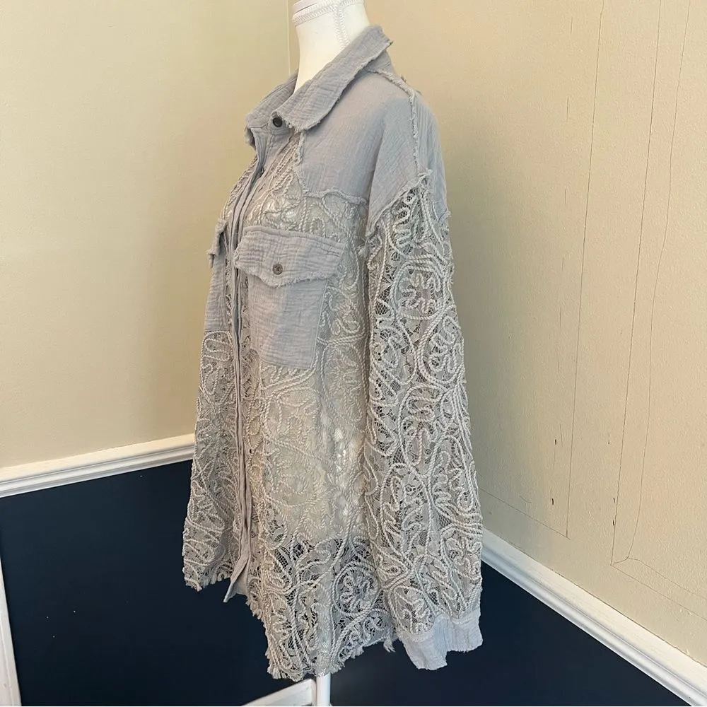 POL Oversized Lace Gauze Button Down Shirt Top Size Large - Image 6