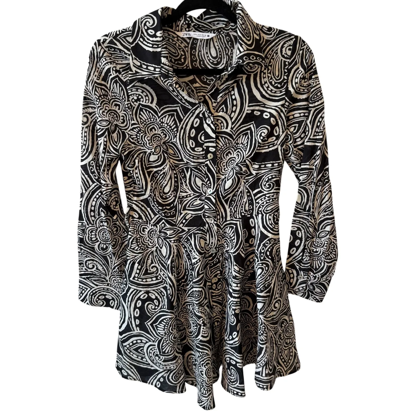 Zara Women's Black & White Paisley Print Long Sleeve Mini Shirt Dress S *no belt - Image 4
