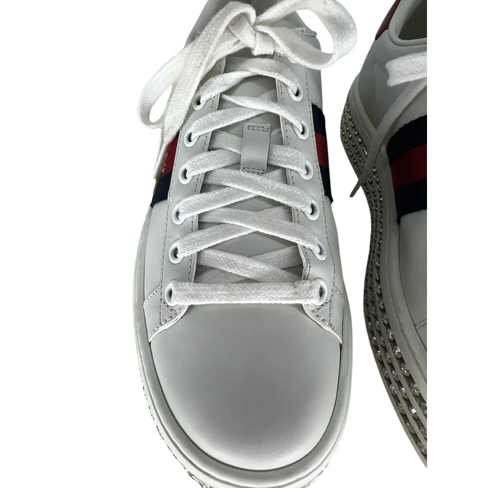 Gucci Ace Web Platform Crystal Embellished Leather Sneakers - Image 7