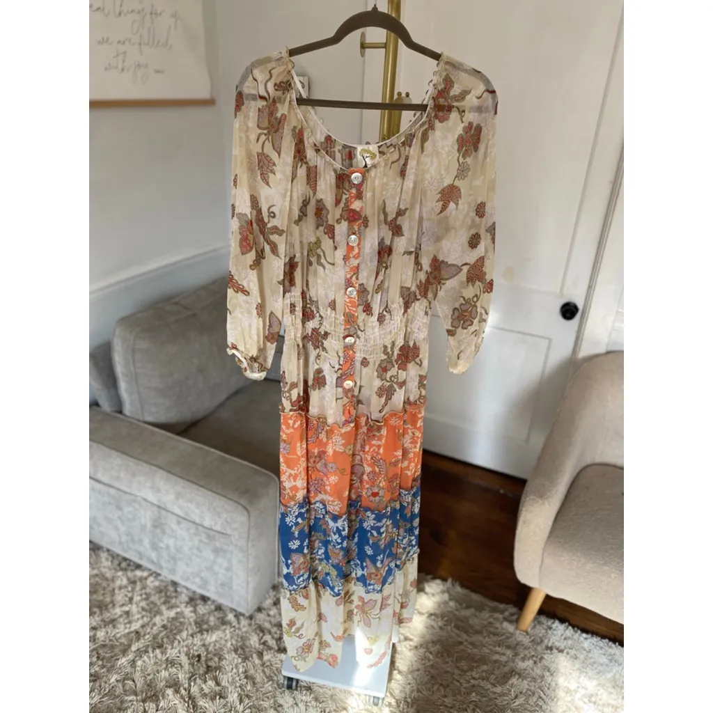 Fig And Flower Maxi Dress Floral Sheer Tiered Fairy Romantic Cottagecore Boho 2X Orange - Image 4