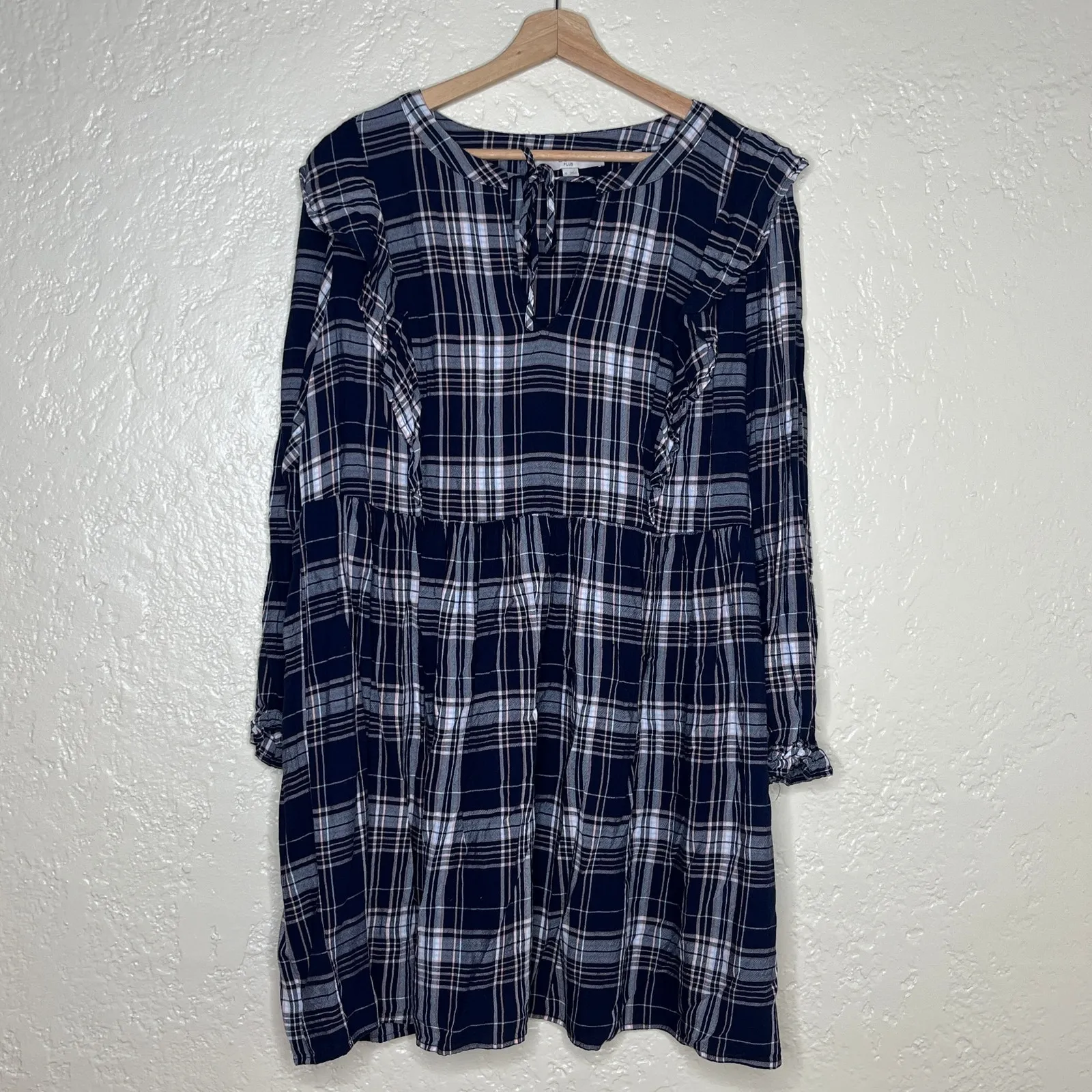 LOFT Plus Plaid Swing Dress Preppy Y2K Grunge Ruffle Women Navy Size 16 - Image 2