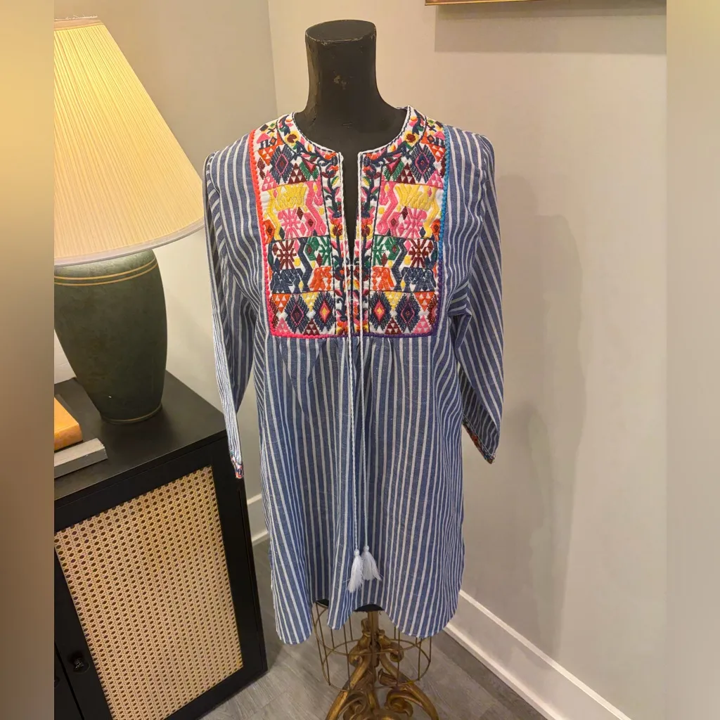 Top It Off Embroidered Striped Tunic Coastal Mini Dress Size Small Resortwear Blue - Image 9