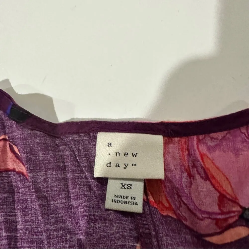 A new day Voile Purple & Pink Floral 3/4 Puff‎ Sleeve Top Size XS - Image 7