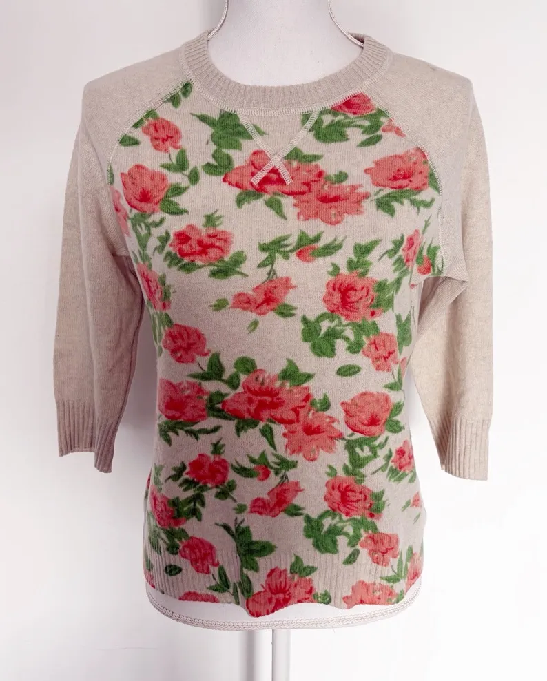 EUC Autumn Cashmere Floral Print Raglan Sleeve Pullover Sweater Size M - Image 1