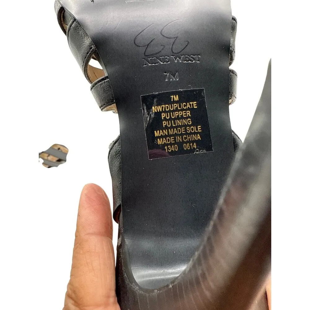 Nine West Size 7 Strappy Lace-Up 3.5" High Wood Heel Sandals Back Zipper Black - Image 9