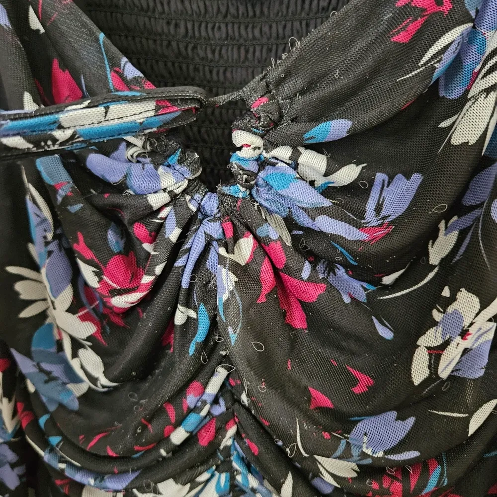 Peter Som Tie Detail Crop Top Floral Long Sleeve Casual Ruched Neutral Black - Image 13