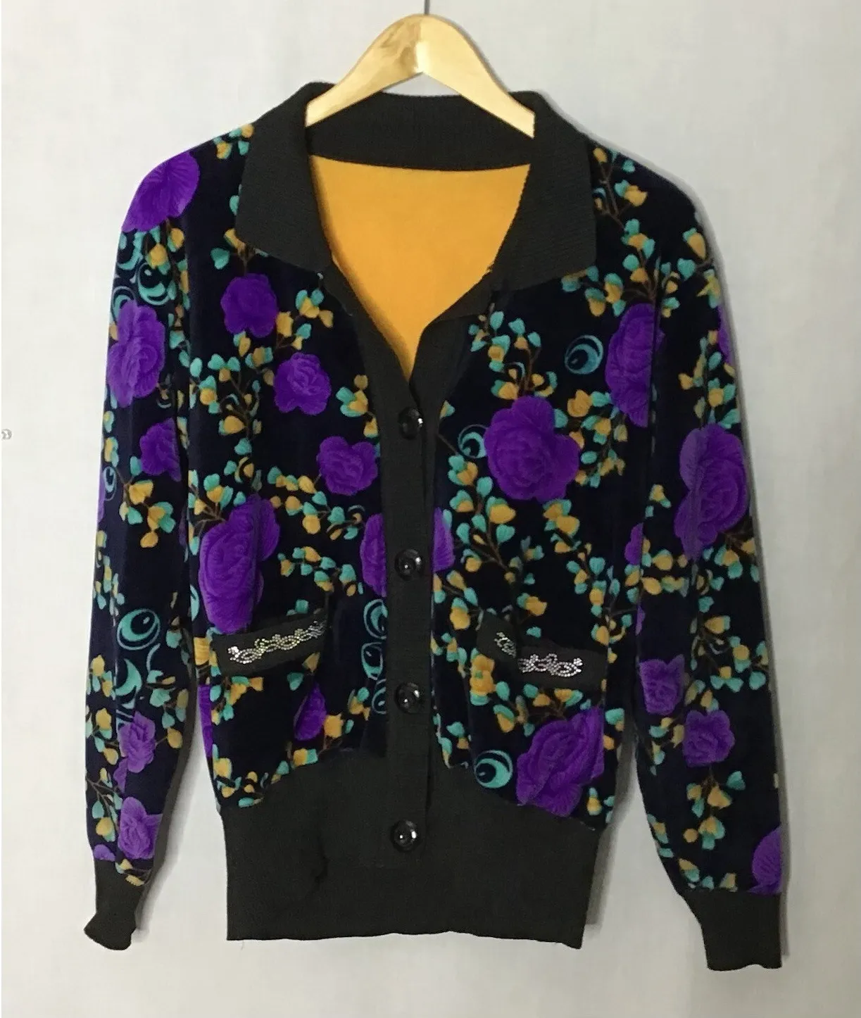 Woman's Multicolor Bohemian Floral Design Long Sleeve Collared Cardigan Sweater Size 4 - Image 1