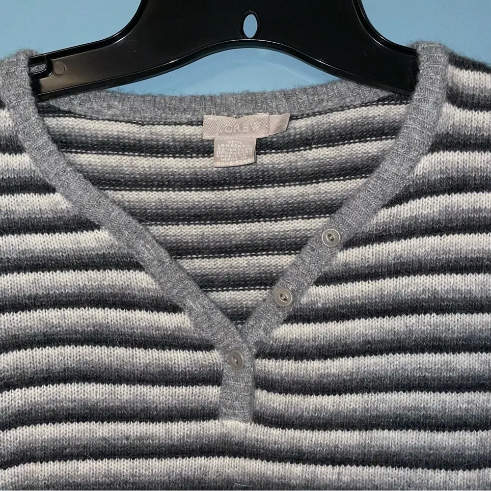 J.Crew Lambswool and Angora Striped V-Neck Button Neck Sweater Size Large - Image 3
