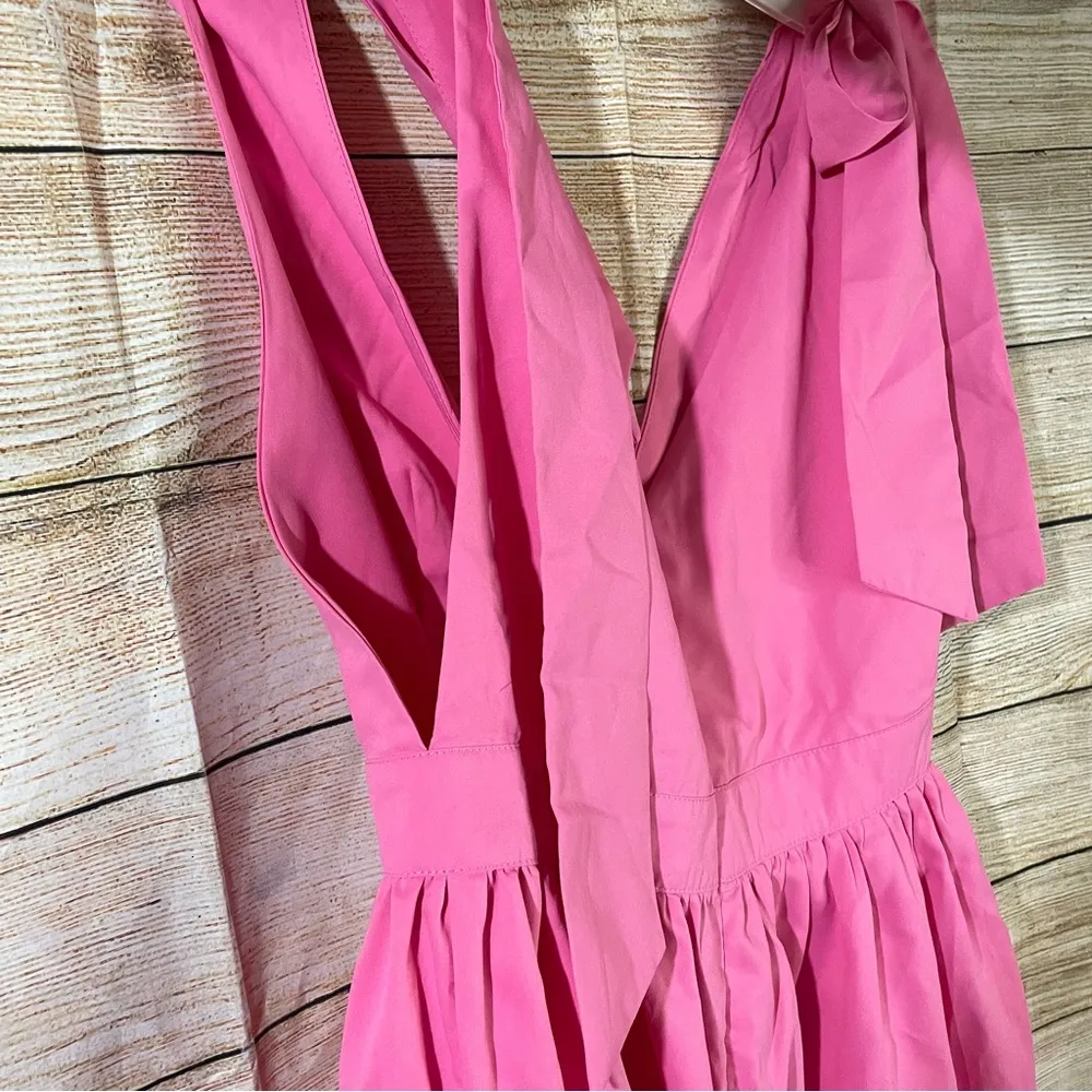deep v-neck tie shoulders ruffle hem A-line pink dress women Size Large - Image 13