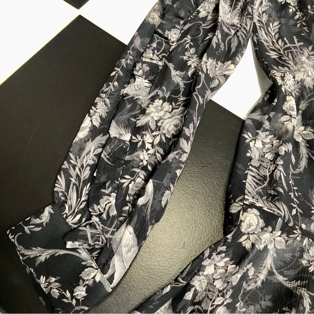 Silk Birdy Print Cold-Shoulder Dress Black Semi-Sheer Pattern AOP L - Image 10