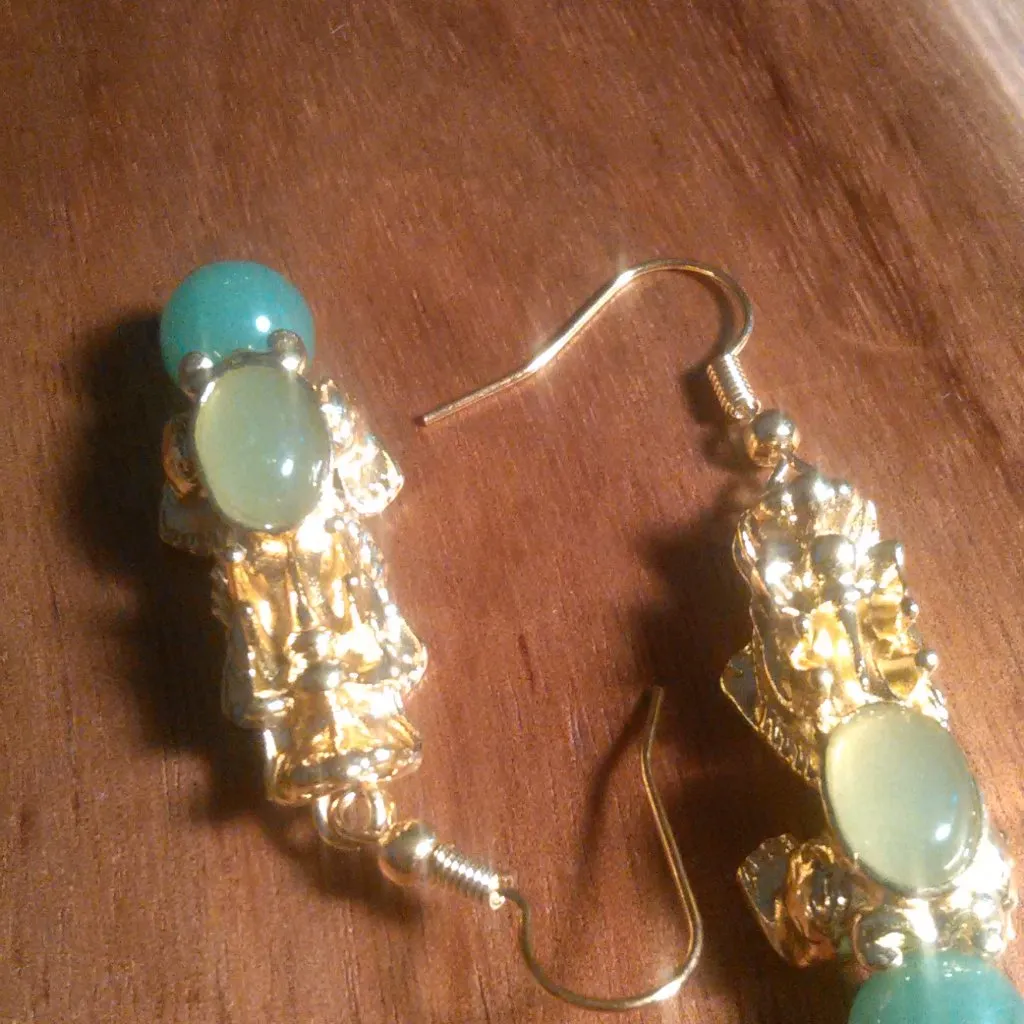 Green Aventurine Dragon Goldtone and Stainless Steel Dangle Earrings - Image 4