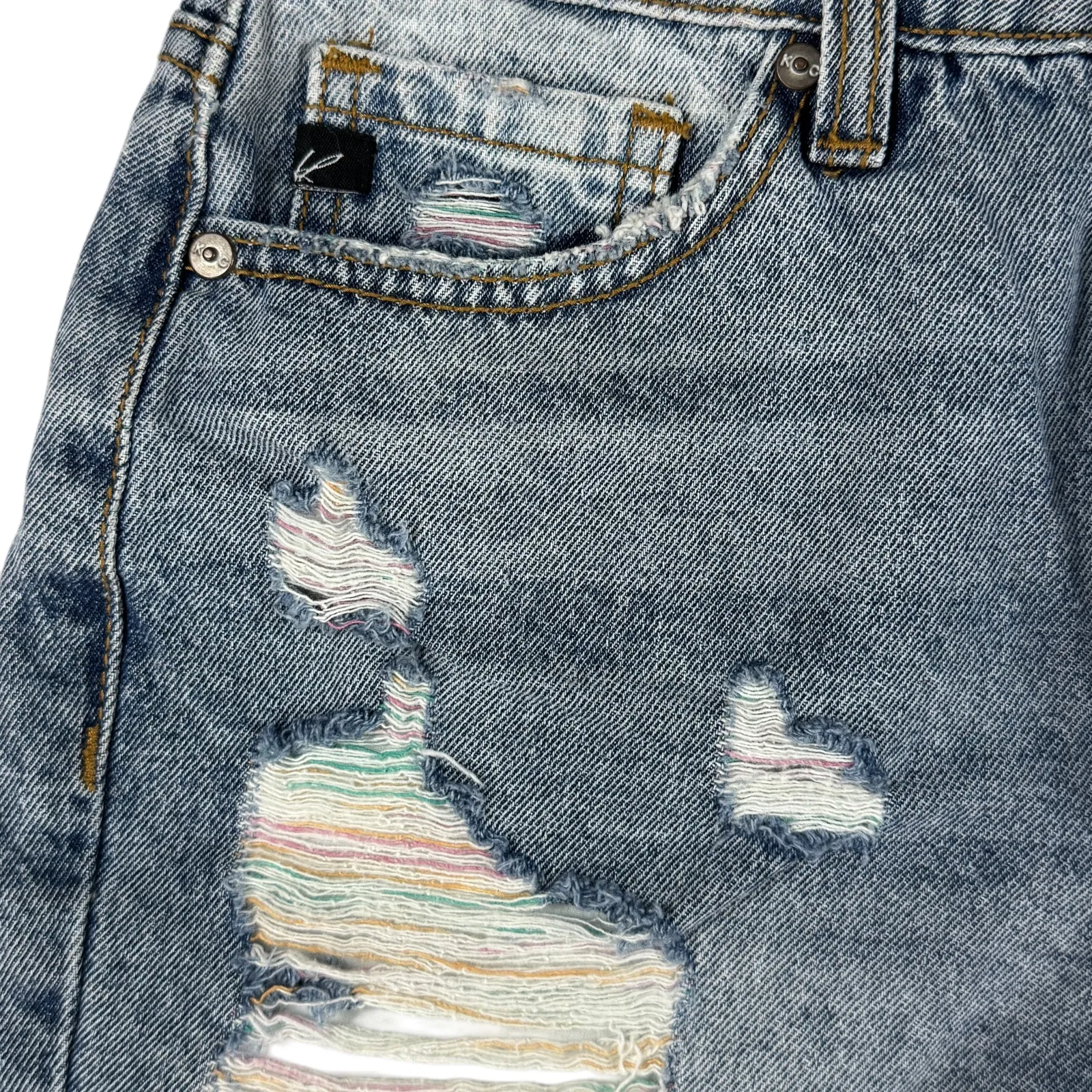 KanCan Distressed Rainbow Thread Denim Shorts High Waisted Ripped Blue‎ Jean S Blue - Image 7
