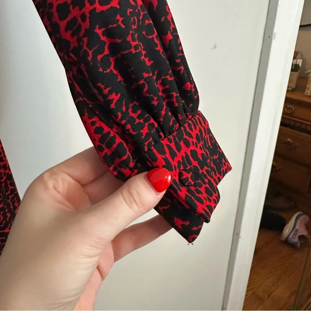 DKNY | Womens Faux Wrap Dress Size 6 Printed Red Long Sleeve V-Neck Stretch - Image 8