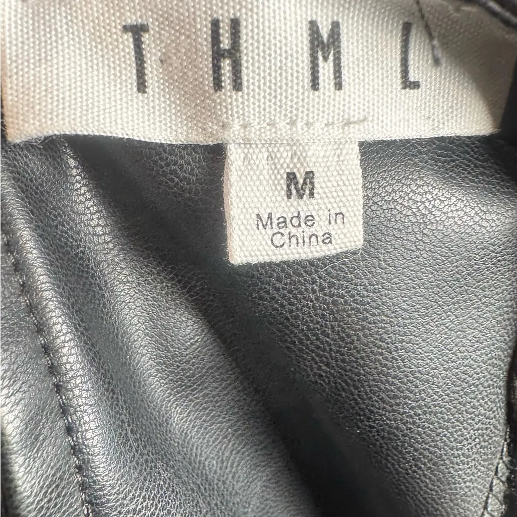 THML Lucia black & white satin tuck pleat puff sleeve faux leather dress medium - Image 8