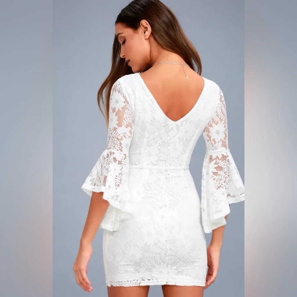 Lulu's White Lace mini Dress Bell sleeves,Size S - Image 3