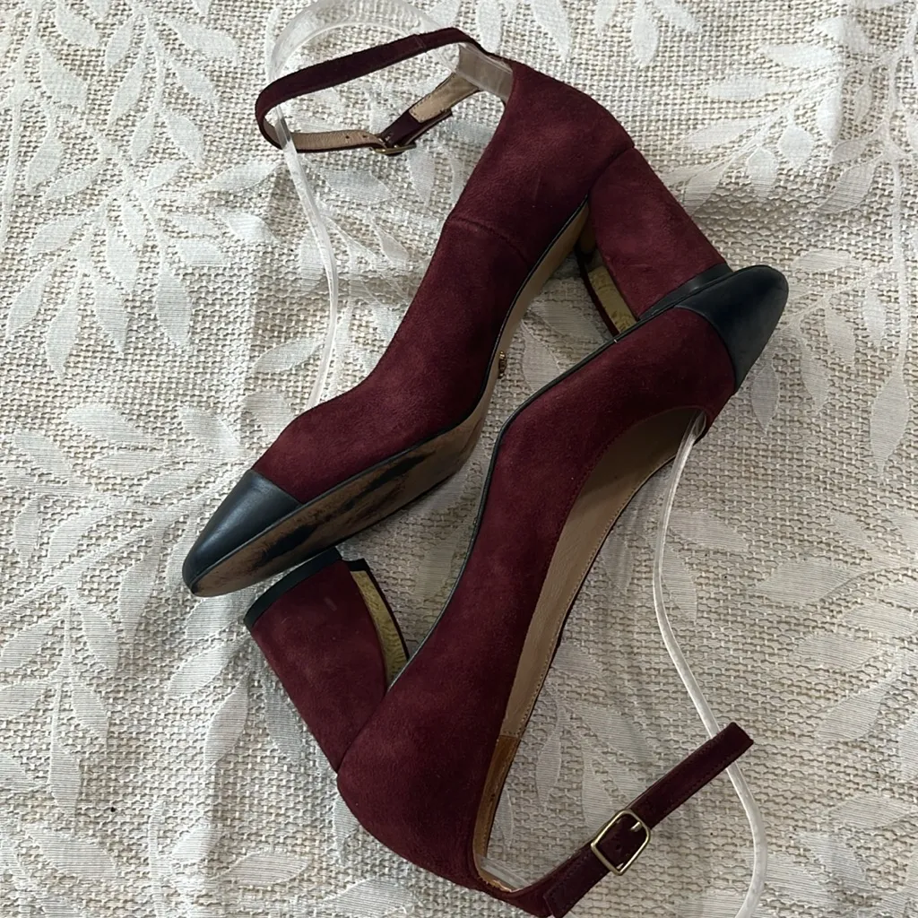 Massimo Dutti Maroon Suede Ankle Strap Black Leather Chunky‎ Heels Size 6.5/37 - Image 4