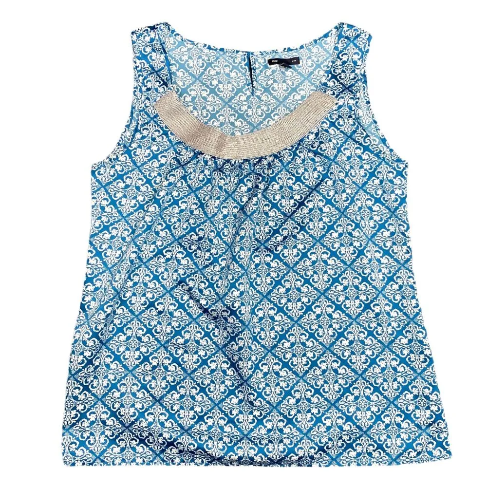 GAP Womens Blouse Top Silver Collared Sleeveless Pullover Teal White Medium - Image 8