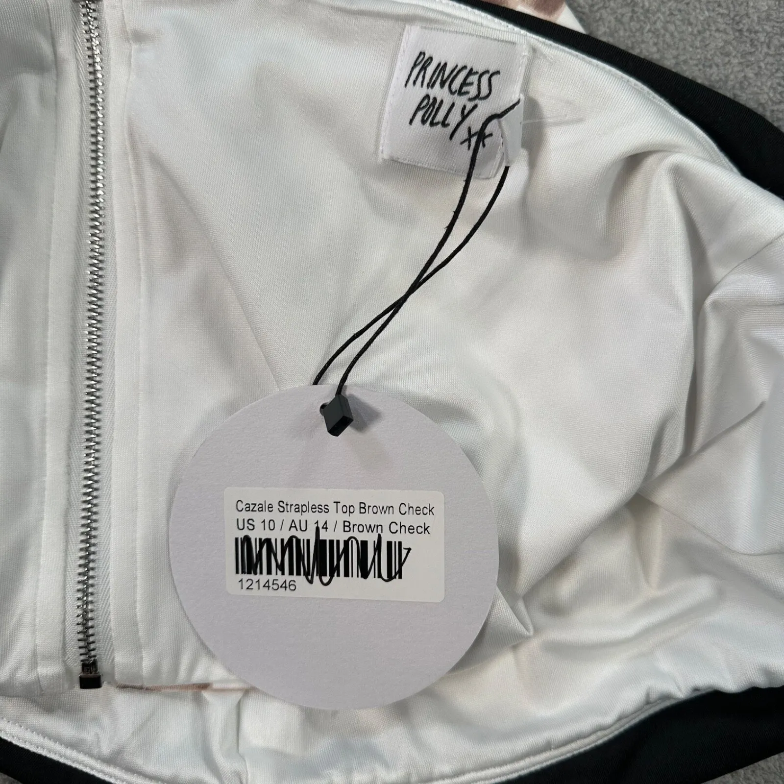 Princess Polly Cazale Strapless Corset Top Brown Check Size 10 New Zipper Crop - Image 6