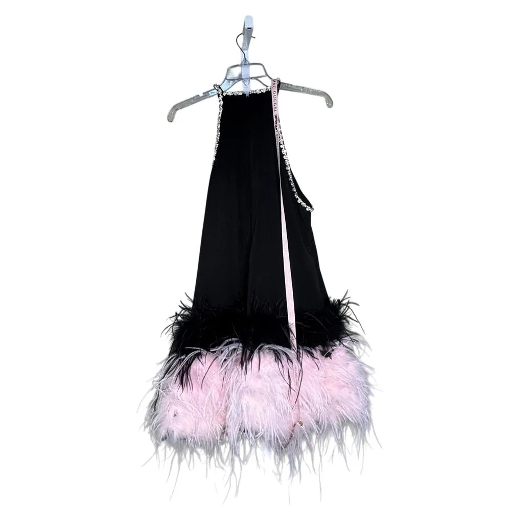 Mac Duggal NWT Feather Finished Short Beaded Beaded Dress in Black Size 2 - Image 4