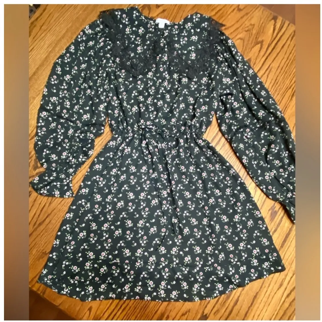 Topshop Mini Dress Womens 8 Black Floral Long Sleeve Ruffle Collar - Image 3
