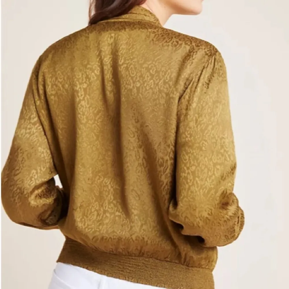 Anthropologie Silky Bomber Jacket Olive Green Cheetah Women’s Size Small - Image 2