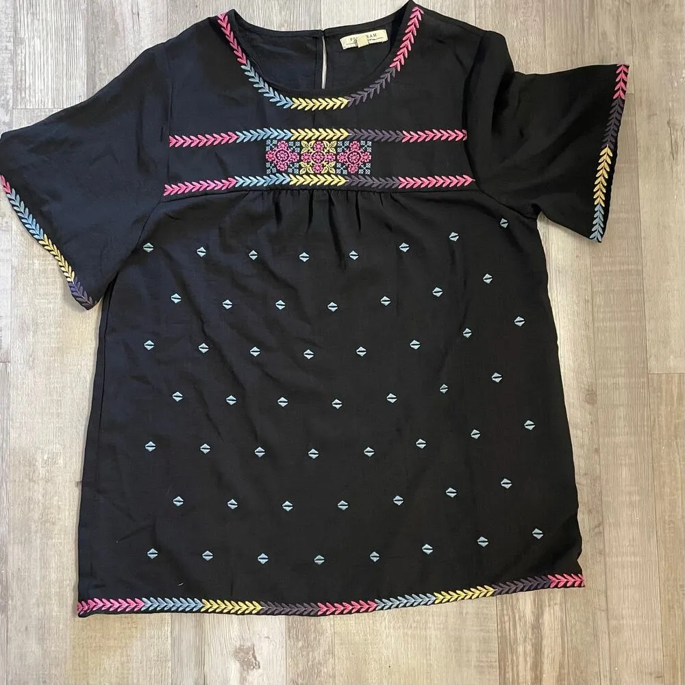 Polagram black top with colorful embroidery at the chest,hem and sleeves. Sz L - Image 11
