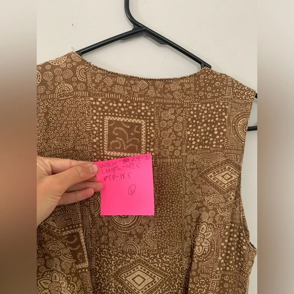 VTG Northern Isles Portraits Pattern Hippie Boho Maxi Button Down Linen Dress M Brown Size 6 - Image 6