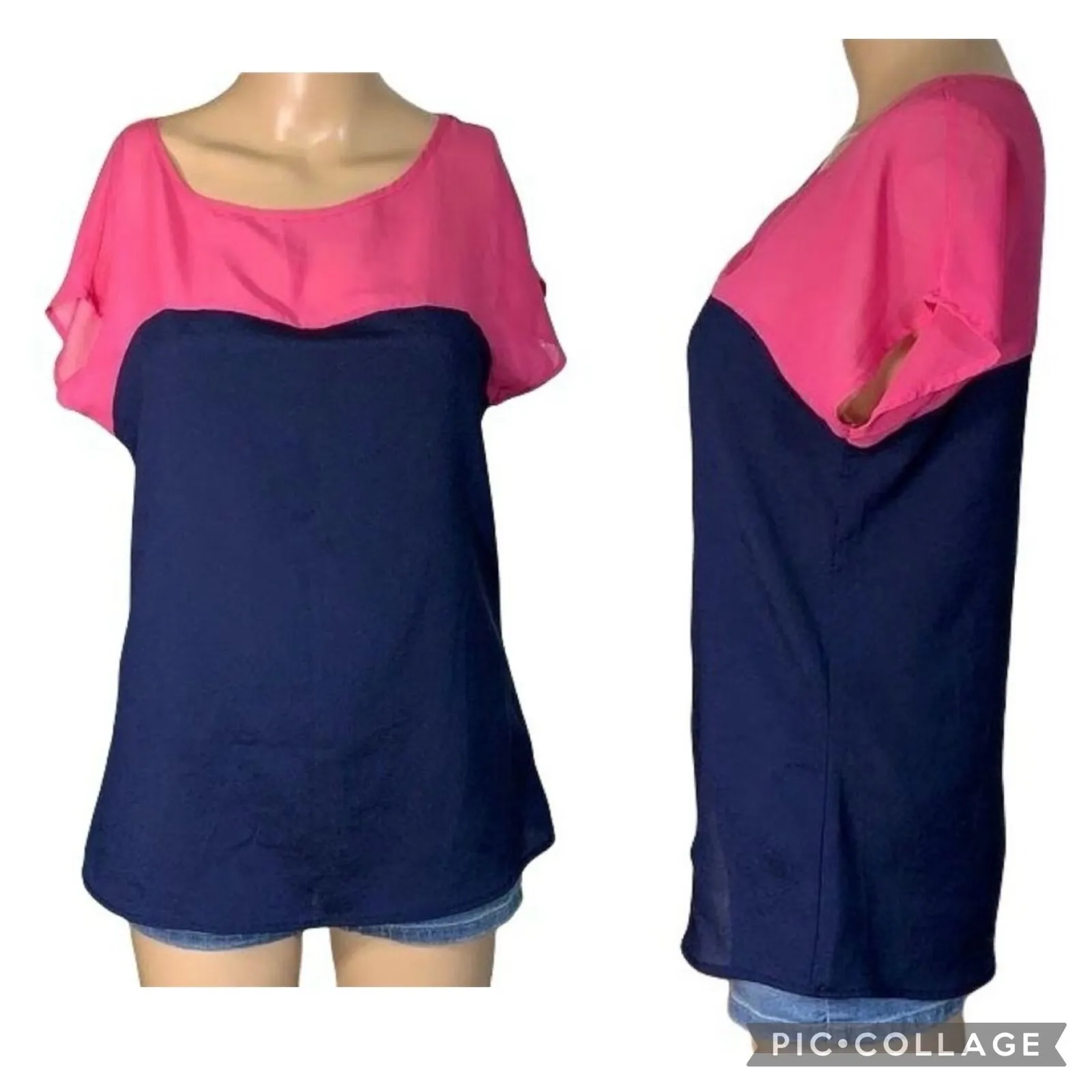 Hot Tempered Womens Blouse Top Shirt Colorblock Silky Pullover Pink Blue Medium - Image 2