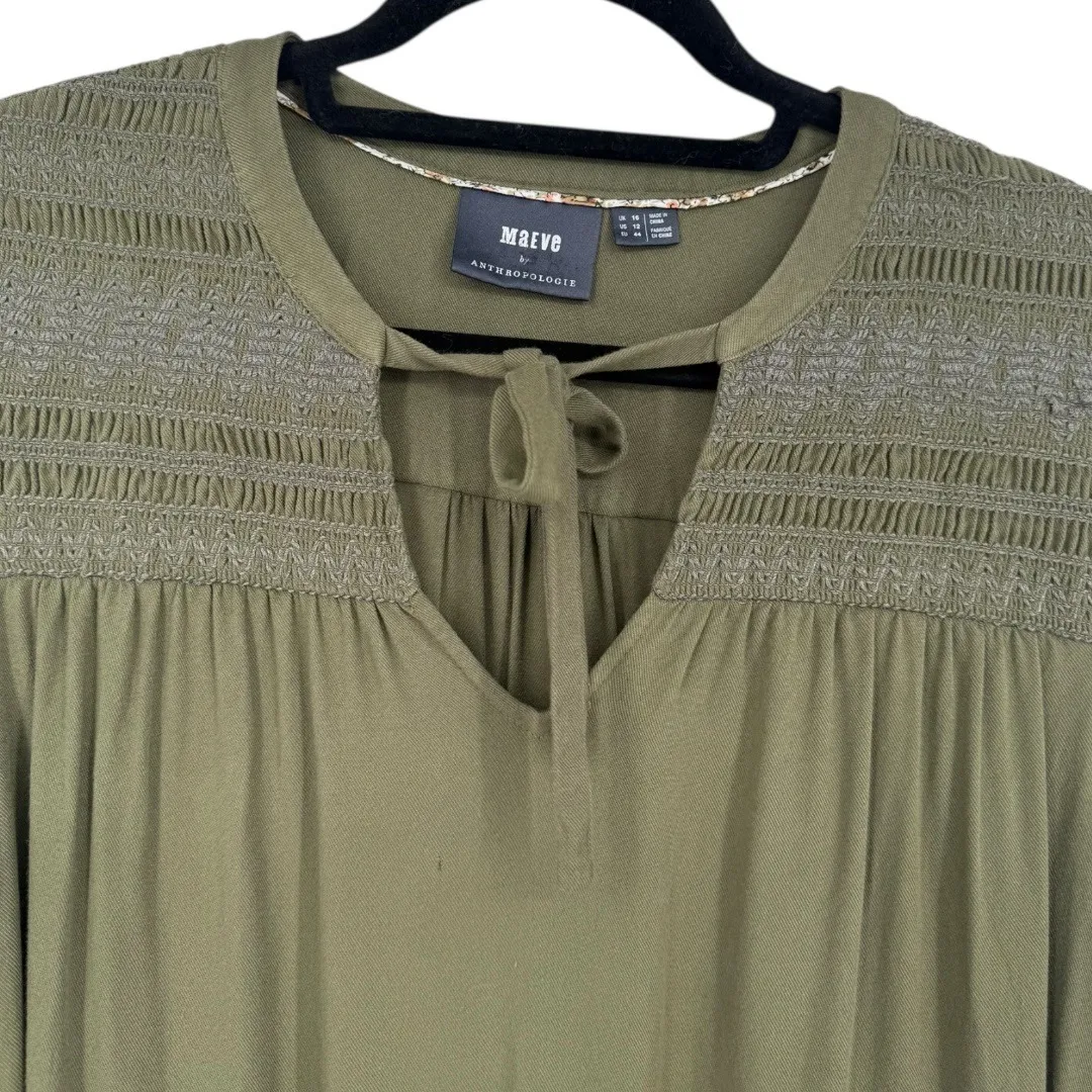 Anthropologie Maeve Ragonda Tunic Dress Moss Green Smocked Long Sleeve Size 12 - Image 6