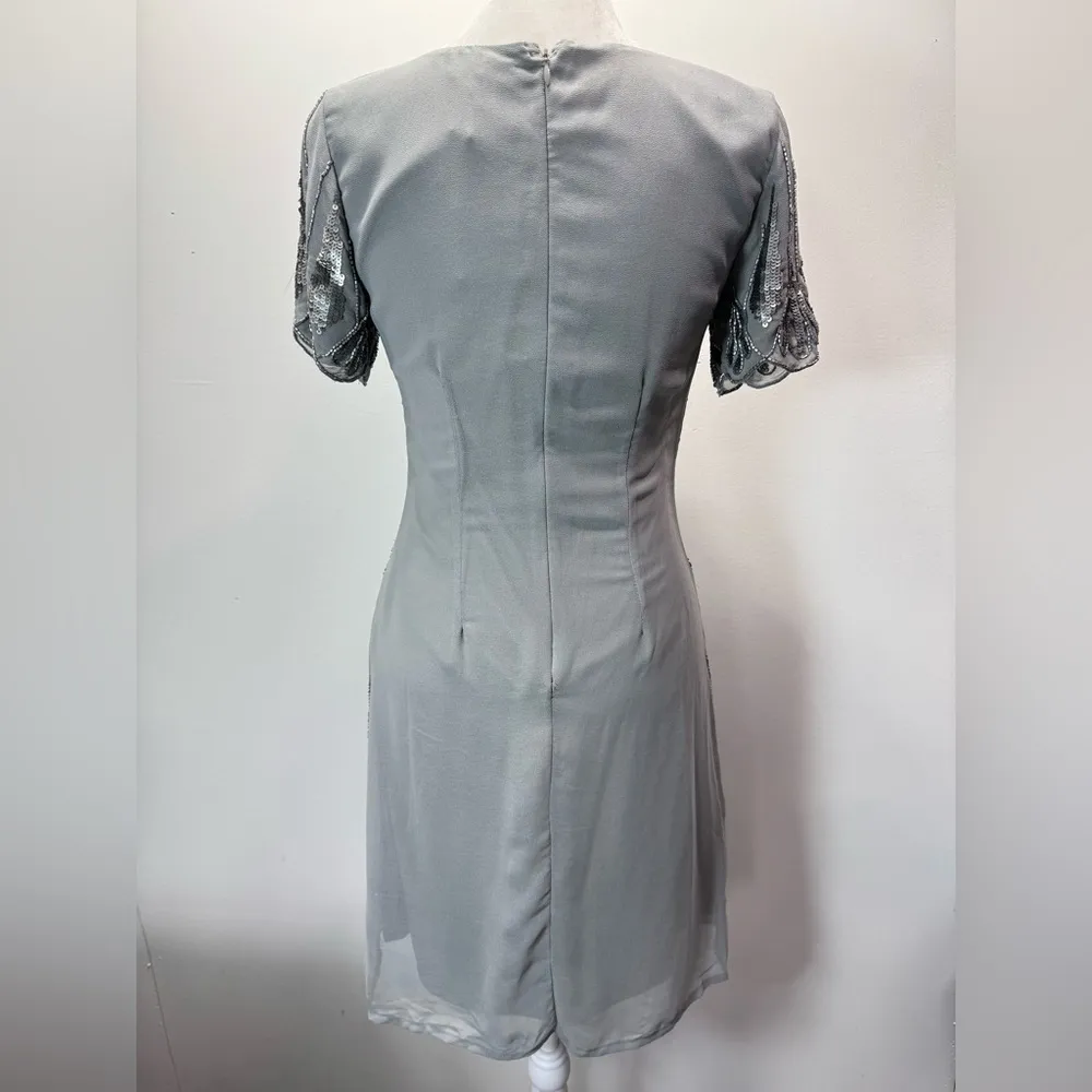 Silver Beaded Sequined Dress Short Sleeve V Neck Cocktail Party by Lace & Beads - Image 9