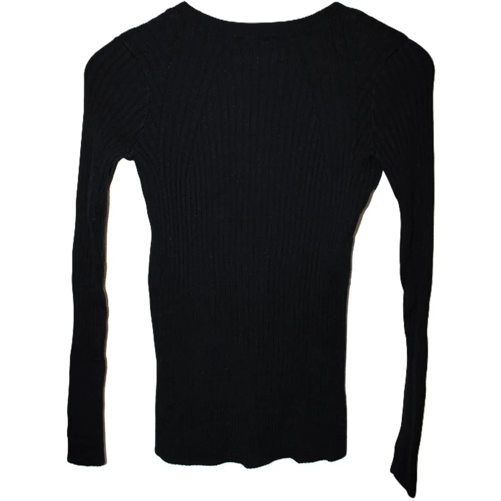 Women Abercrombie & Fitch Black Cotton Ribbed Long Sleeve V-Neck Sweater Size XS - Image 2