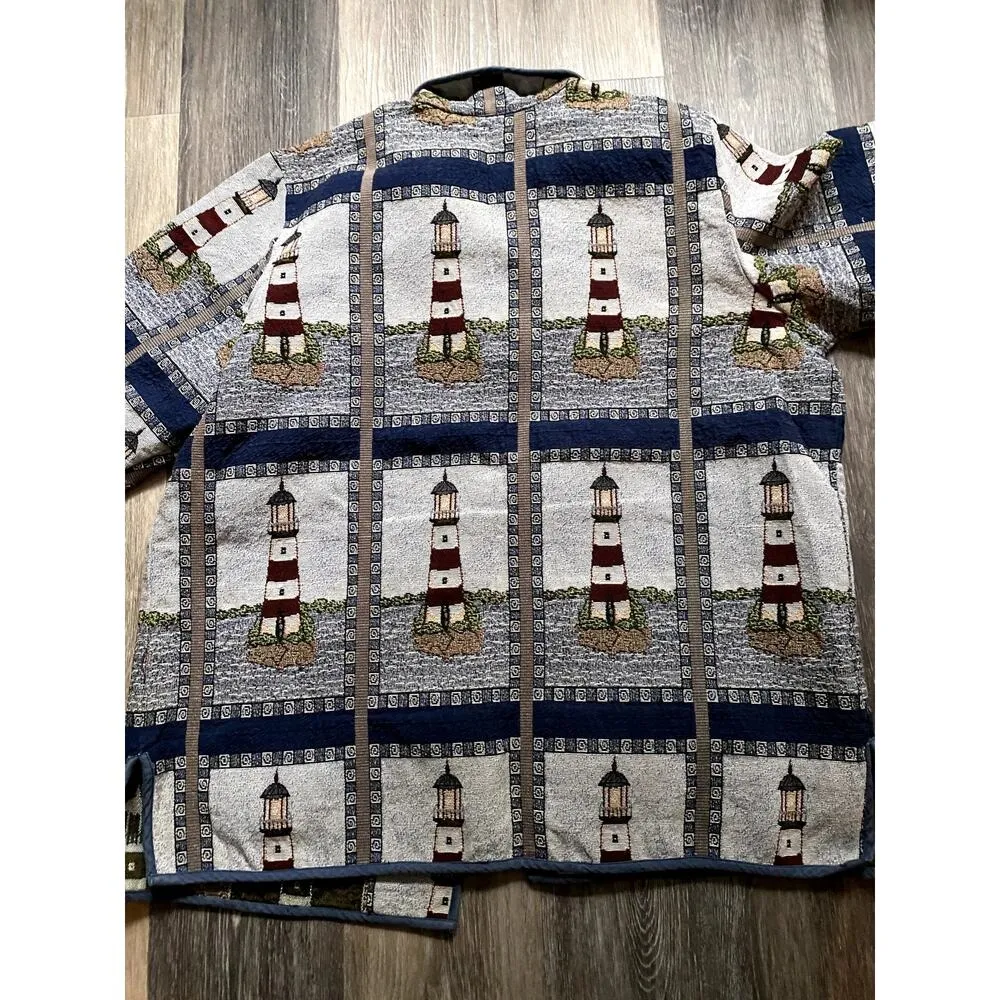 Vintage Lighthouse Textured Knit Coat 2X Heritage Woods Fisherman Whimsy Grandpa - Image 9