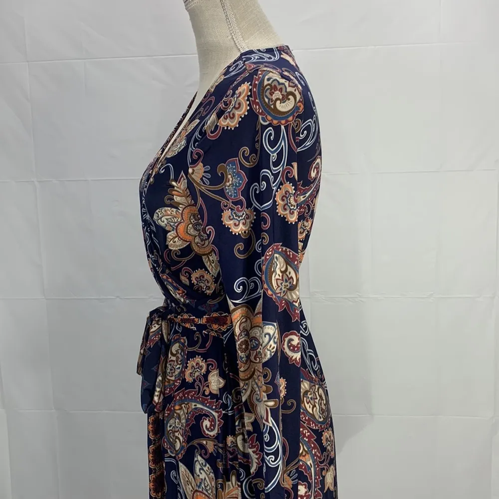 Venus Long Sleeve Paisley Navy Blue Faux Wrap Midi Dress Size Small - Image 6
