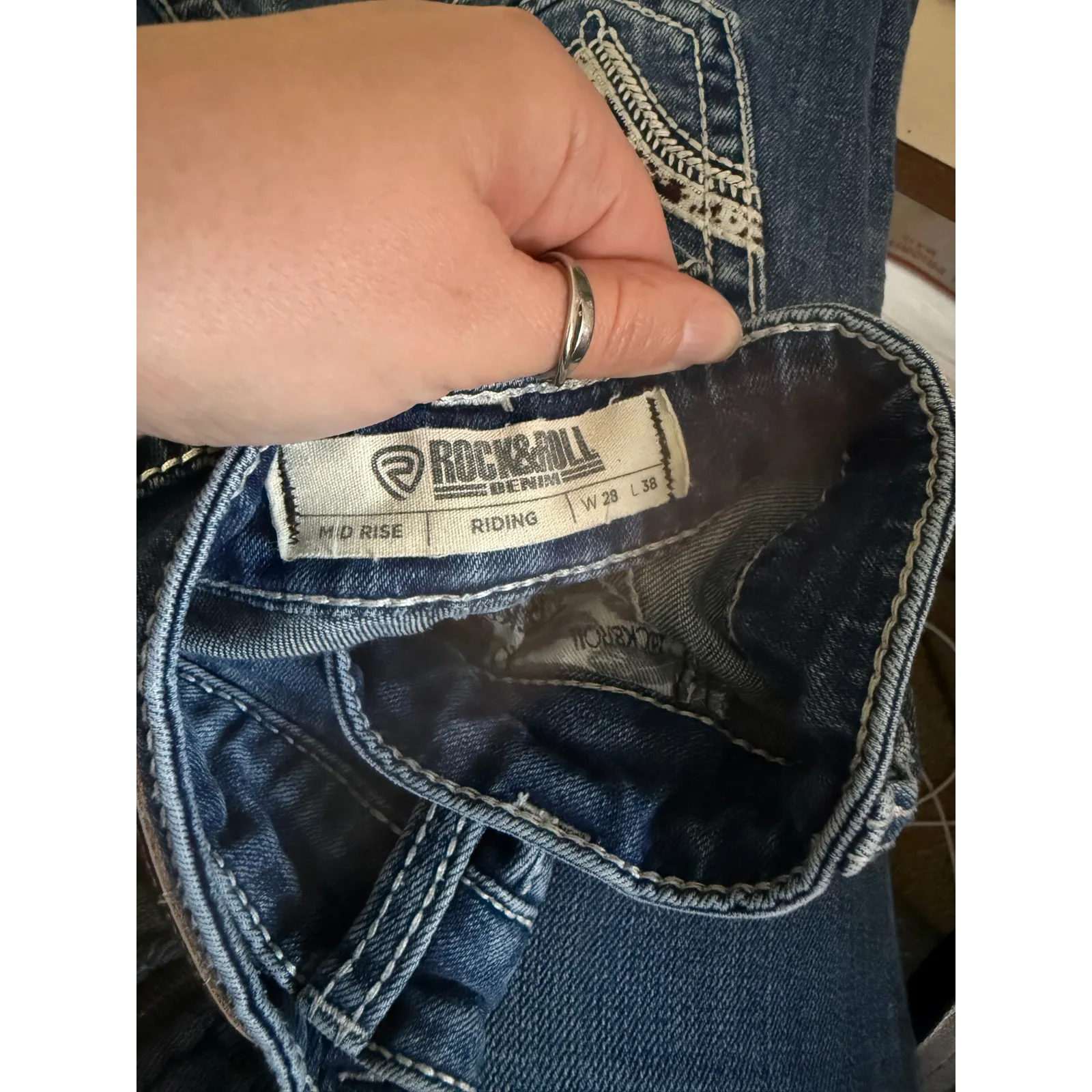 Rock & Roll Cow Denim Womens Mid Rise Riding Bootcut Jeans W 28 Tall Western Blue - Image 7