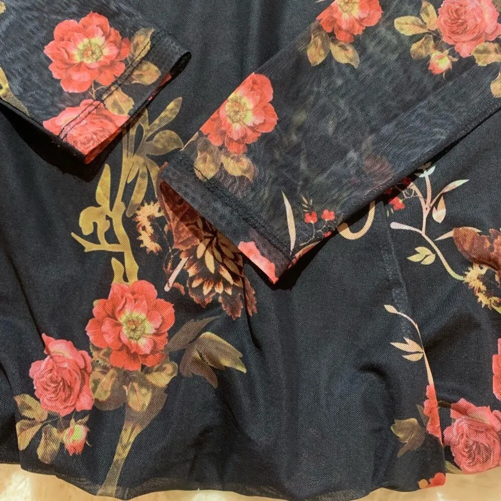 Vero Moda Blouse Top Black Orange Floral Surplice Long Sleeve Top Medium - Image 5