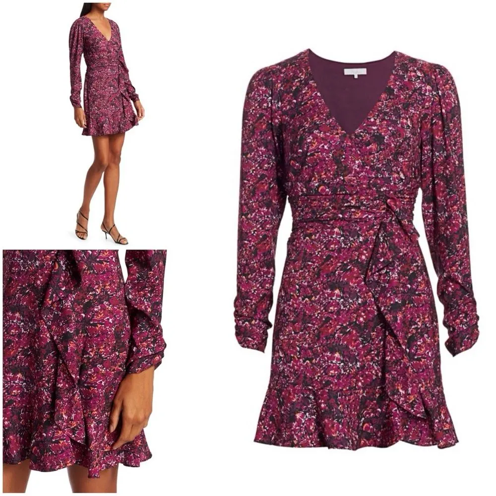 PARKER $298 Alison Floral Long Puff Sleeve Ruffle Wrap Dress in Cranberry - 8 - Image 4