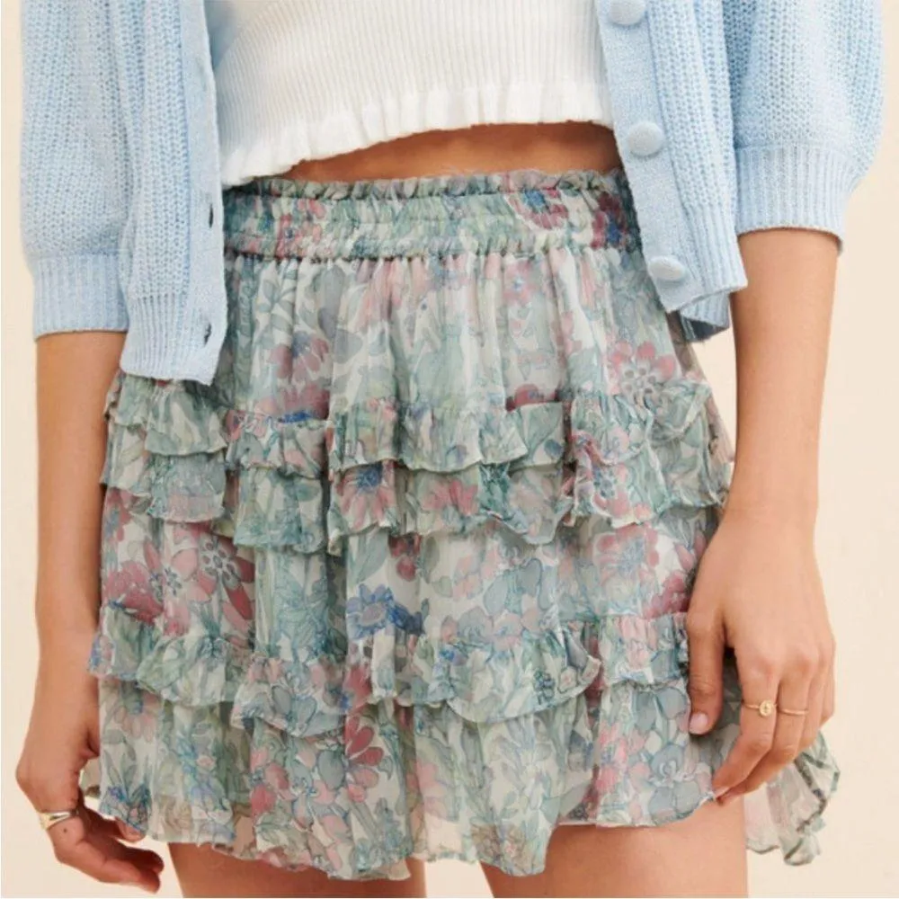 LOVESHACKFANCY Benicia Flutter Mini Skirt in Mystical Foliage Blue Size S $295 - Image 3
