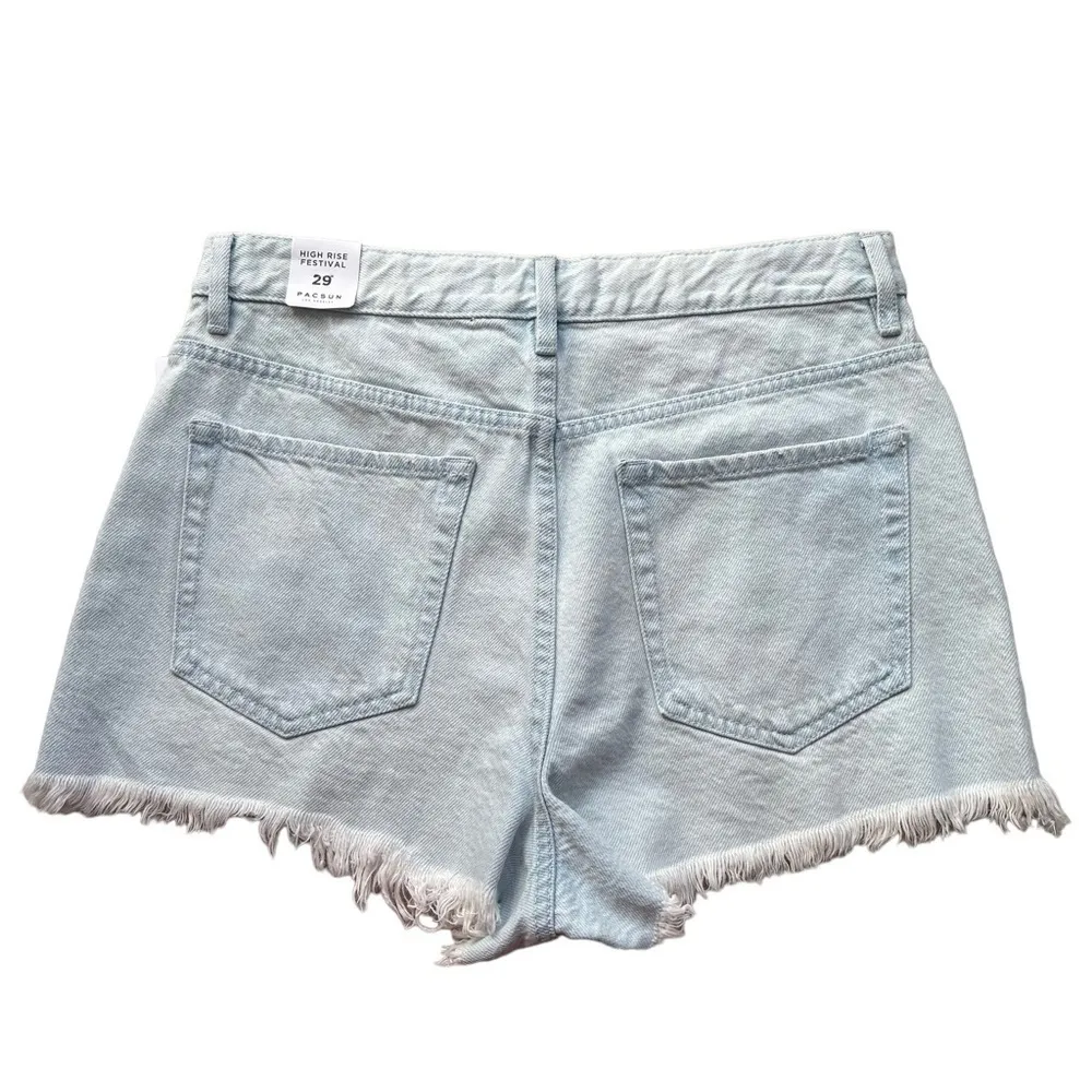PacSun Women’s Light Blue Wash High Waisted Denim Festival Shorts Size 29 Frayed - Image 6
