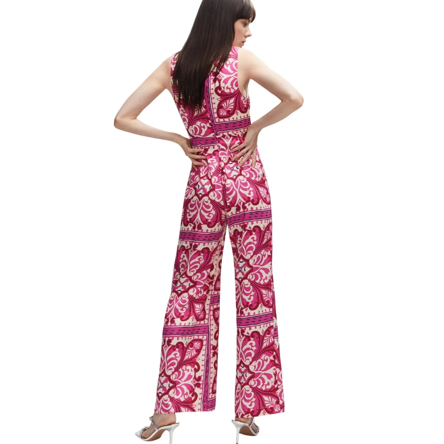 Mango Jumpsuit Womens S Pink Floral Italian Fabric Metal Detail Flowy Bohemian - Image 5