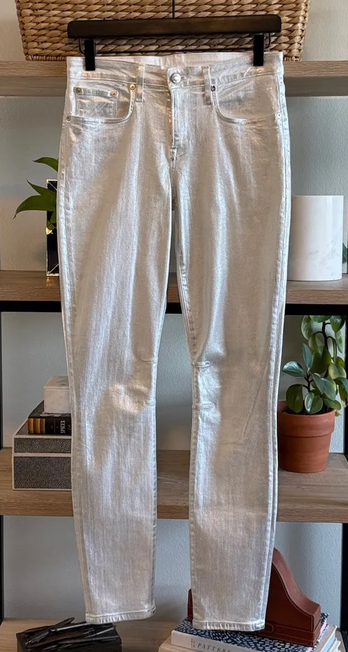 Helmut Lang Mid-Rise Metallic Glossy Coated Silver Emulsion Foil Jeans, 27 - Image 1