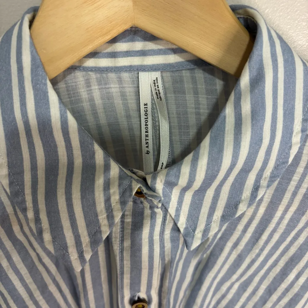 Anthropologie Blue Striped Shirt with Green and Yellow Floral Design - Image 2