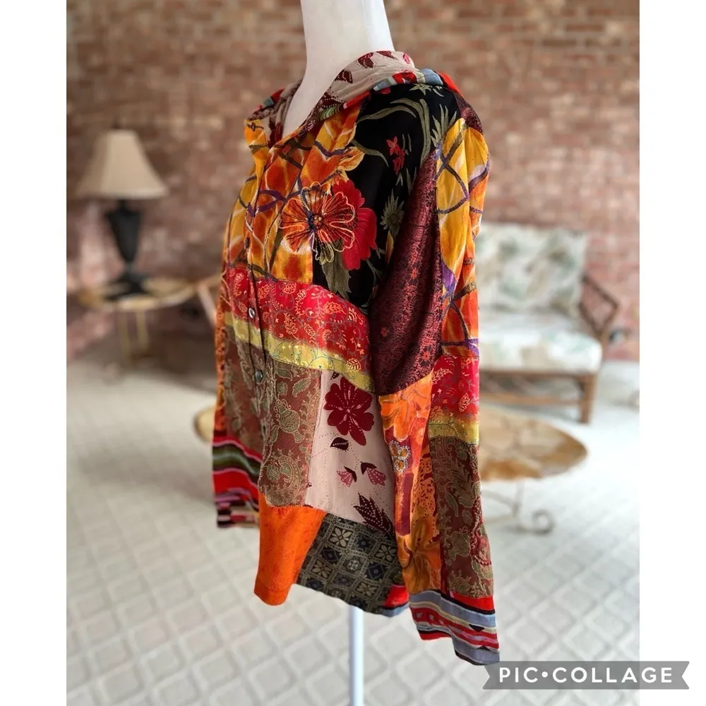 Chico’s Jacket Orange Multi Patchwork Hooded Embroidered M Boho Concert Chic Mod - Image 7