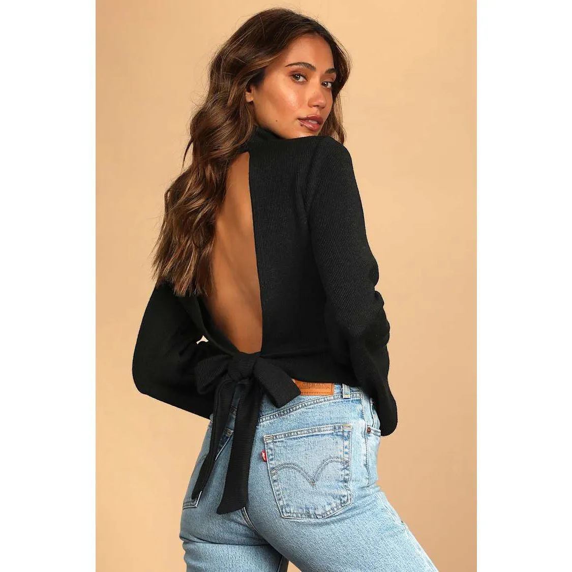 ✨Lulus Baby Got Backless Black Mock Neck Tie-Back Sz Medium Sweater✨ - Image 2
