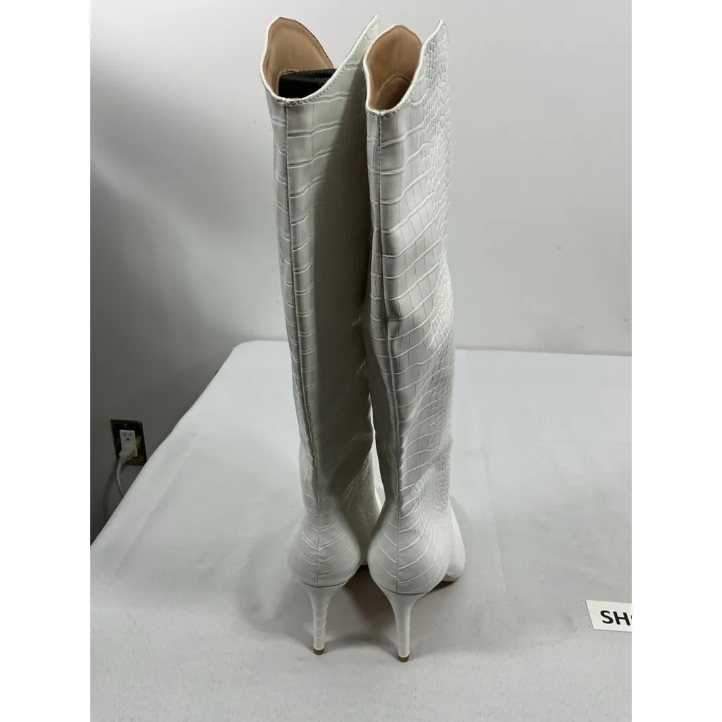 Womans White Pullon Knee High Boots 9 Stiletto Pointed Toe Snake Print NWOT - Image 5
